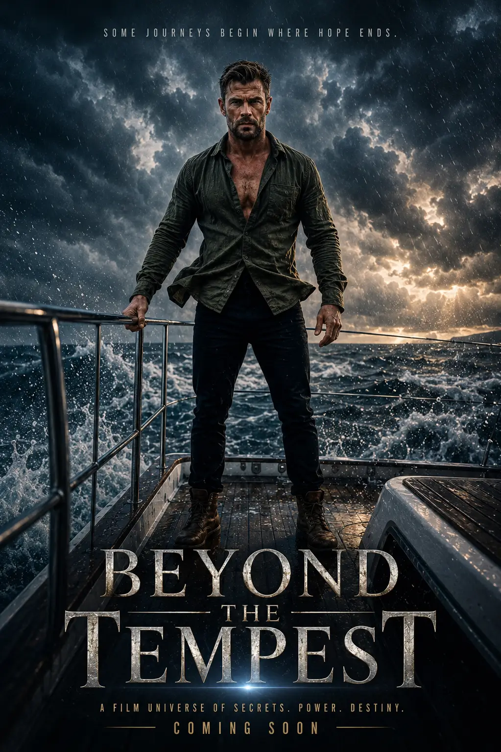 AI-generated survival drama poster of a man standing on a storm-battered pier with waves crashing behind him.