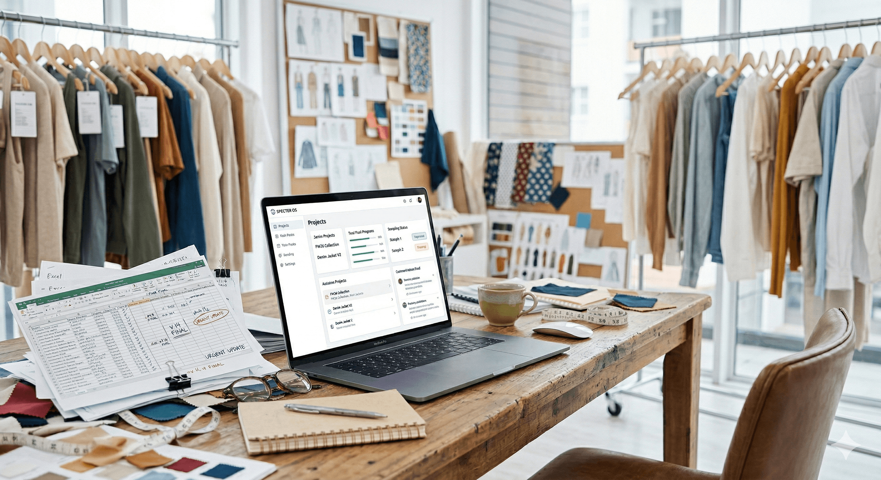 A laptop displaying the Specter OS project management dashboard next to a pile of messy, annotated Excel spreadsheets on a wooden desk in a fashion design studio.