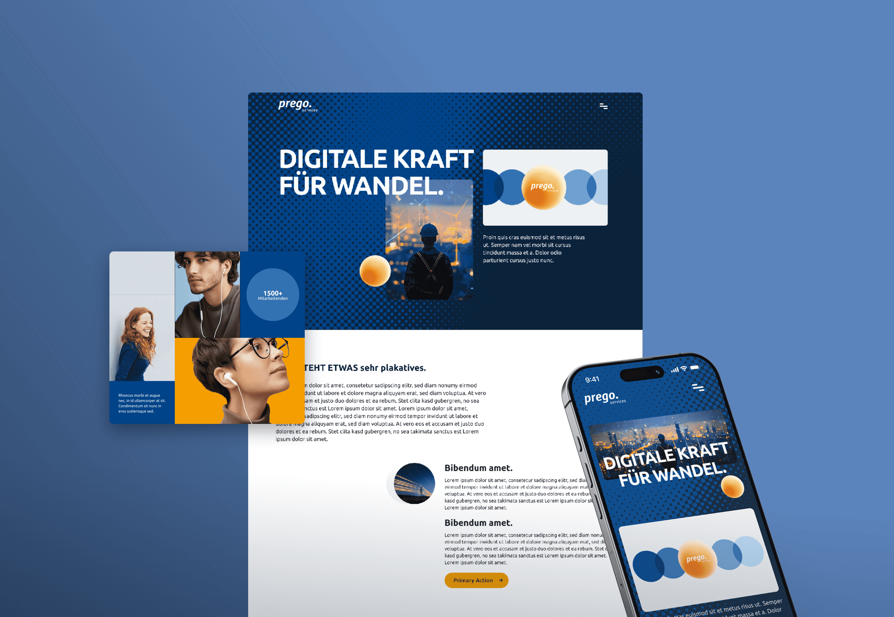 prego services Website-Design, Desktop-Startseite und mobile Ansicht mit blau-orangem Corporate Design