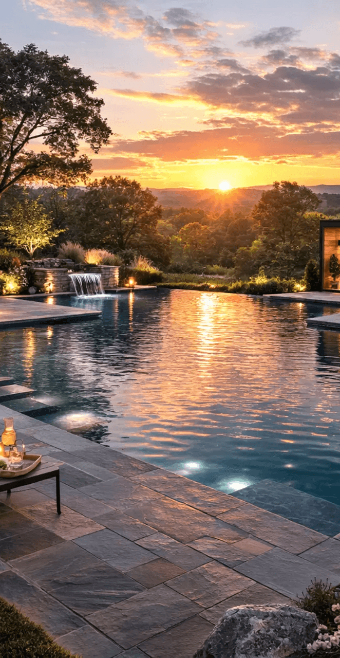 Luxurious infinity pool reflecting a vibrant sunset, surrounded by lush greenery and tranquil landscaping, with soft outdoor lighting and a small table set with drinks.