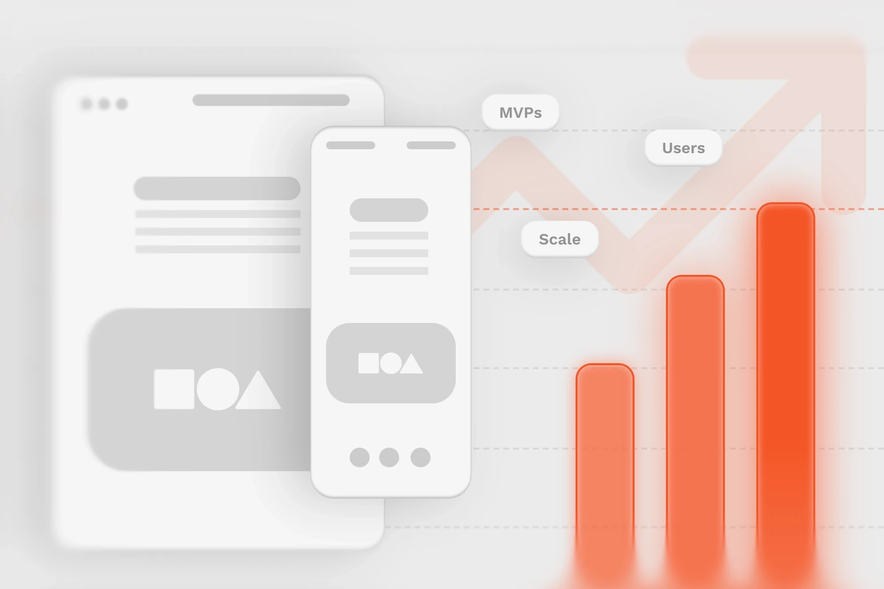 Graph bars, UI wireframes, and UI elements representing increasing performance,scalability and users.