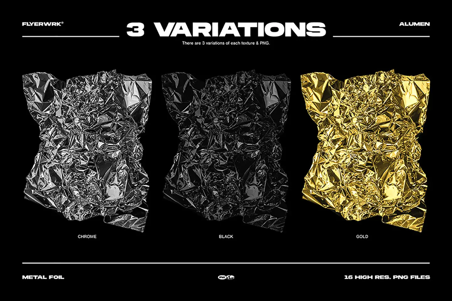 Alumen metal foil textures showing three variations of crumpled foil in chrome black and gold
