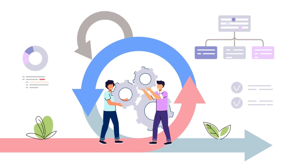 Illustration of two people adjusting interlocking gears within a circular arrow loop, surrounded by charts and checklists.