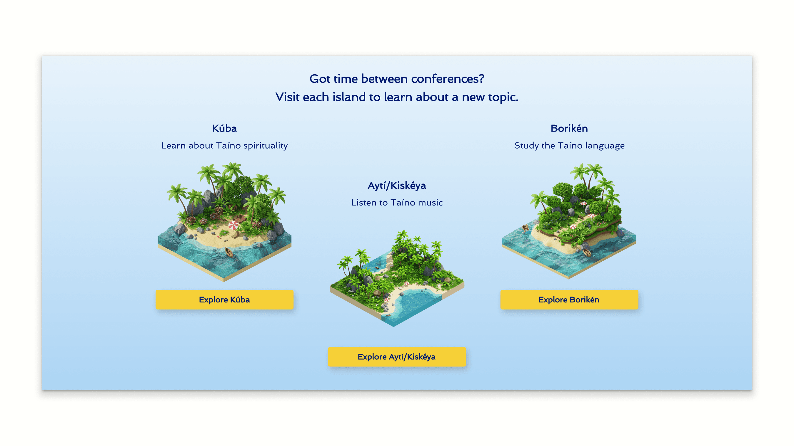 Partial hero wireframe showing an invitation to explore the Three Islands, each with its name, theme description, image, and a button linking to its dedicated page.