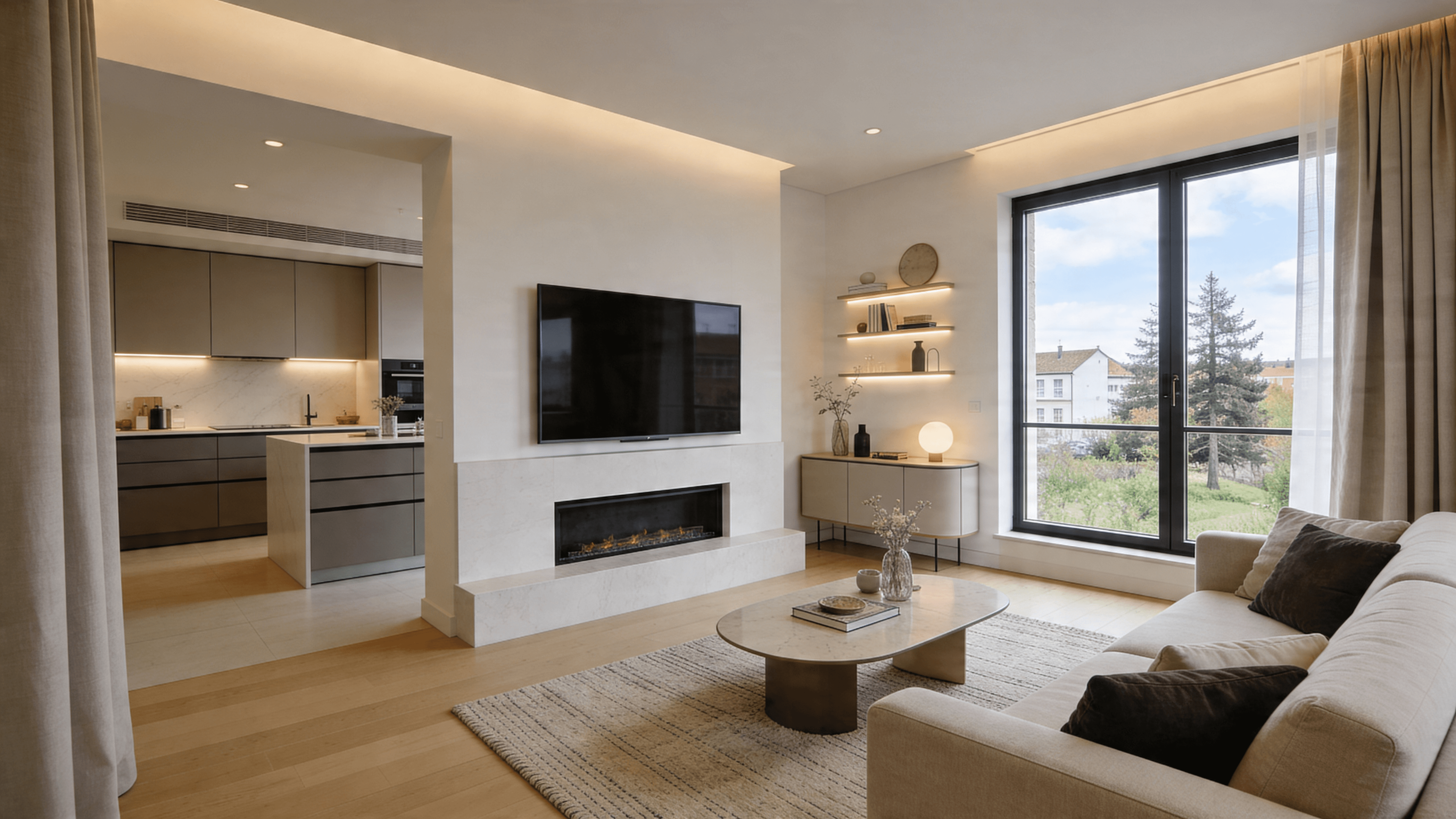 Spacious modern living room with large windows and furniture.