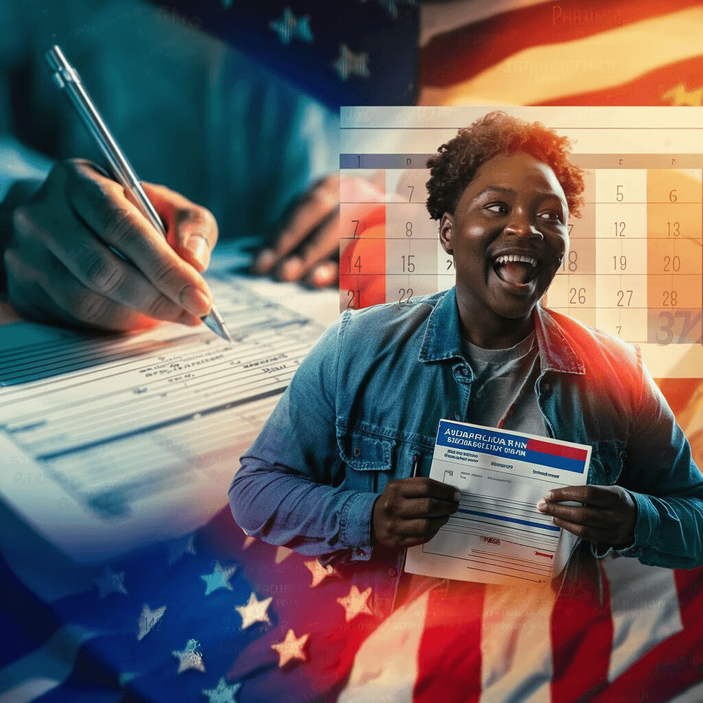 A triptych image illustrating the USCIS I-765 application journey: a person filling out the form, a calendar tracking processing times, and a delighted individual holding an EAD, all set against a backdrop that subtly incorporates the American flag.
