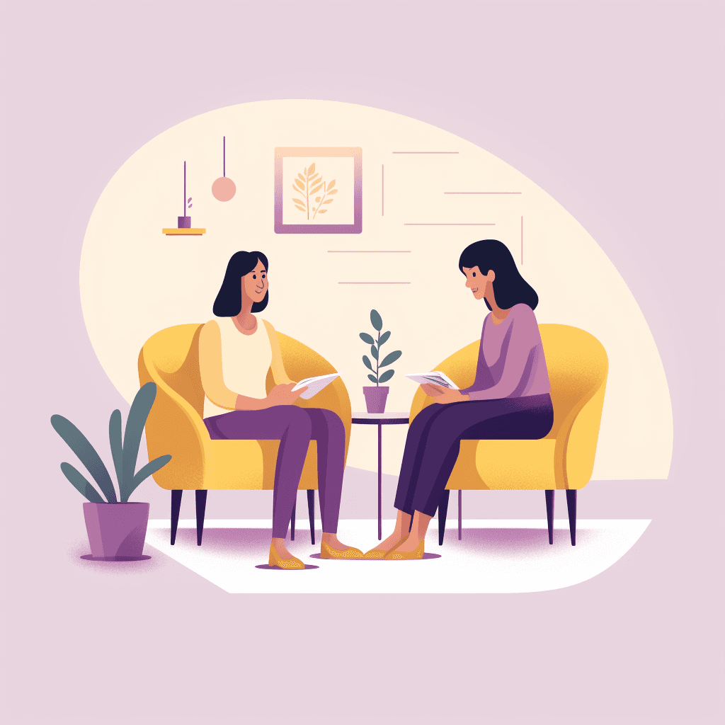 Two women talking to each other in armchairs with a side table.