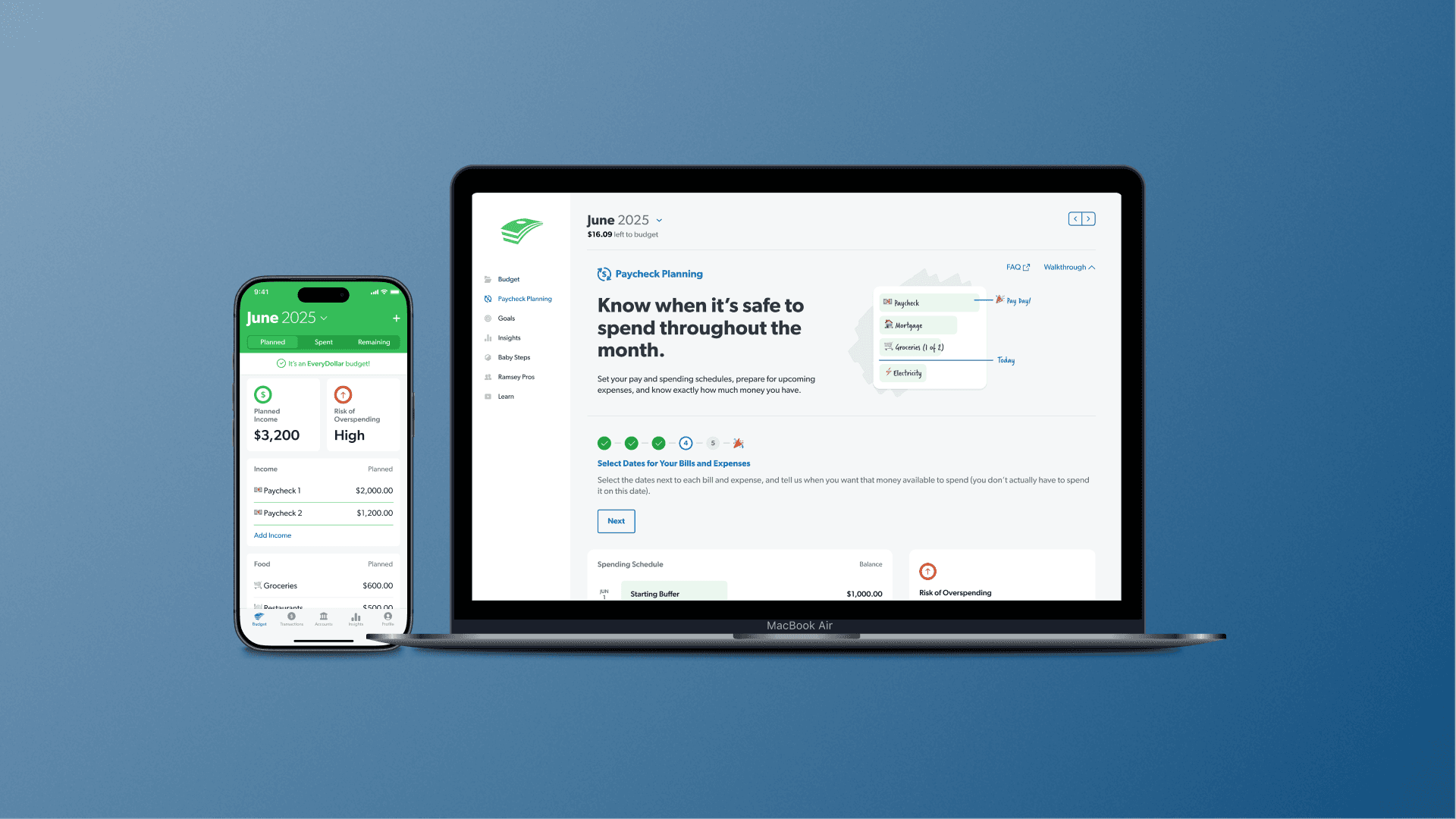 Web and mobile view of the paycheck planning feature.