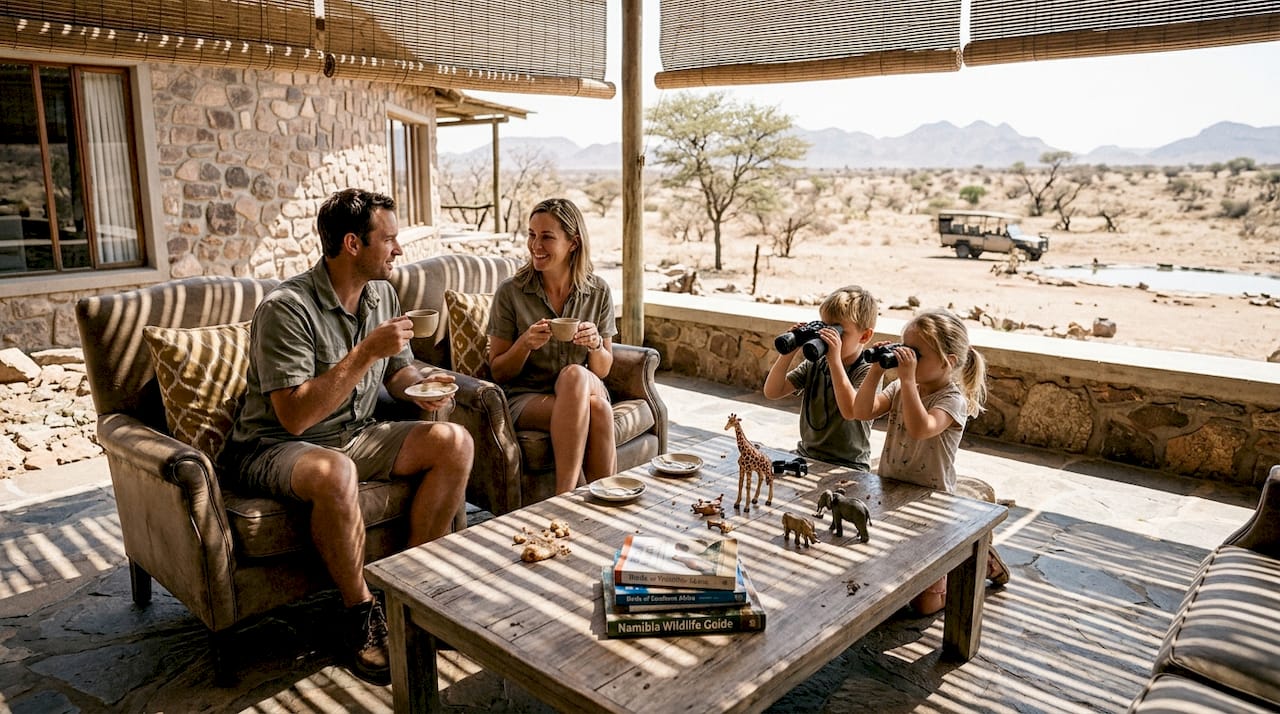 Family enjoying luxury lodge patio Namibia
