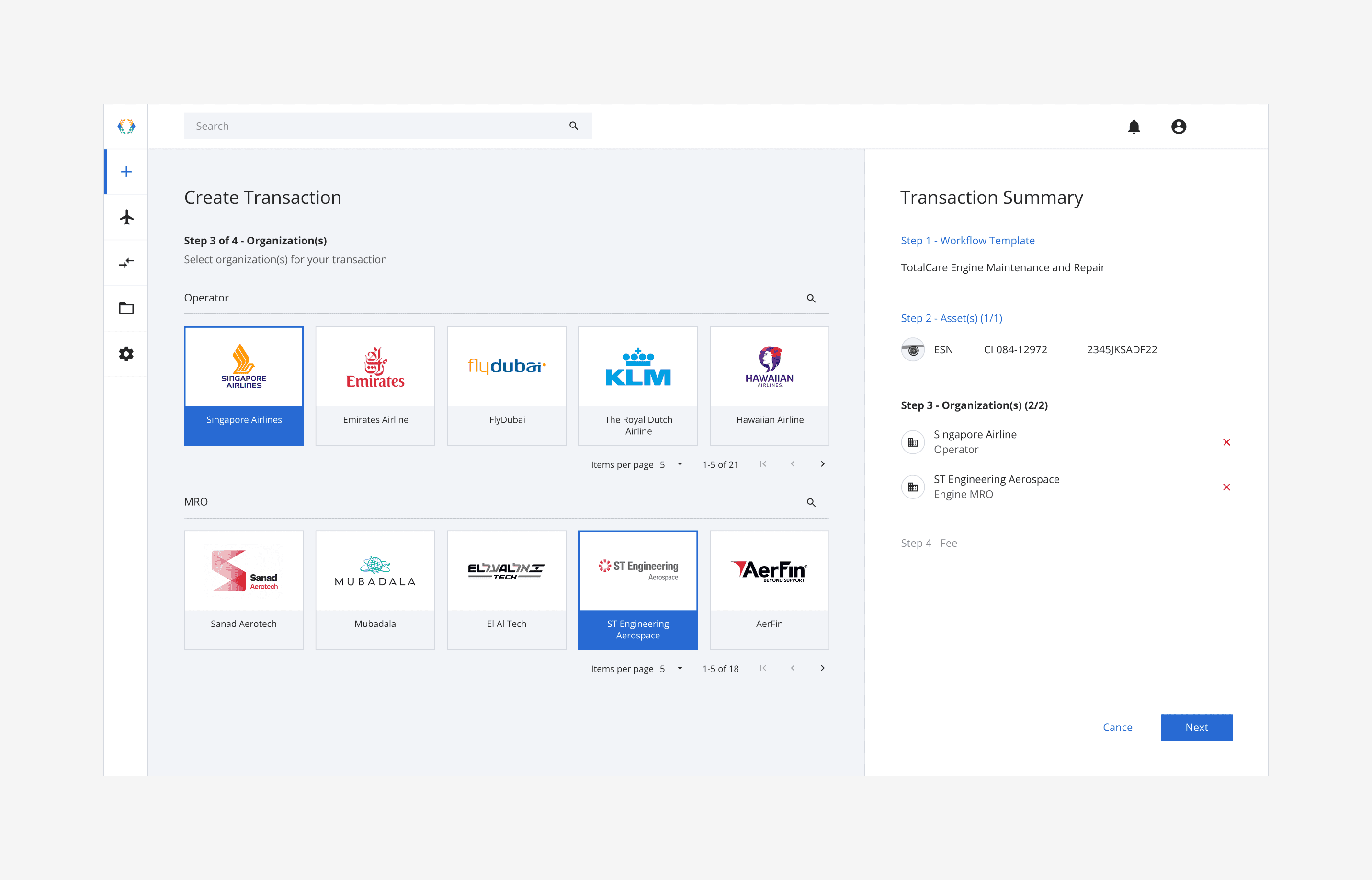 Block Aero platform interface for creating a new blockchain transaction, showing the organization selection step with Singapore Airlines and ST Engineering chosen as partners