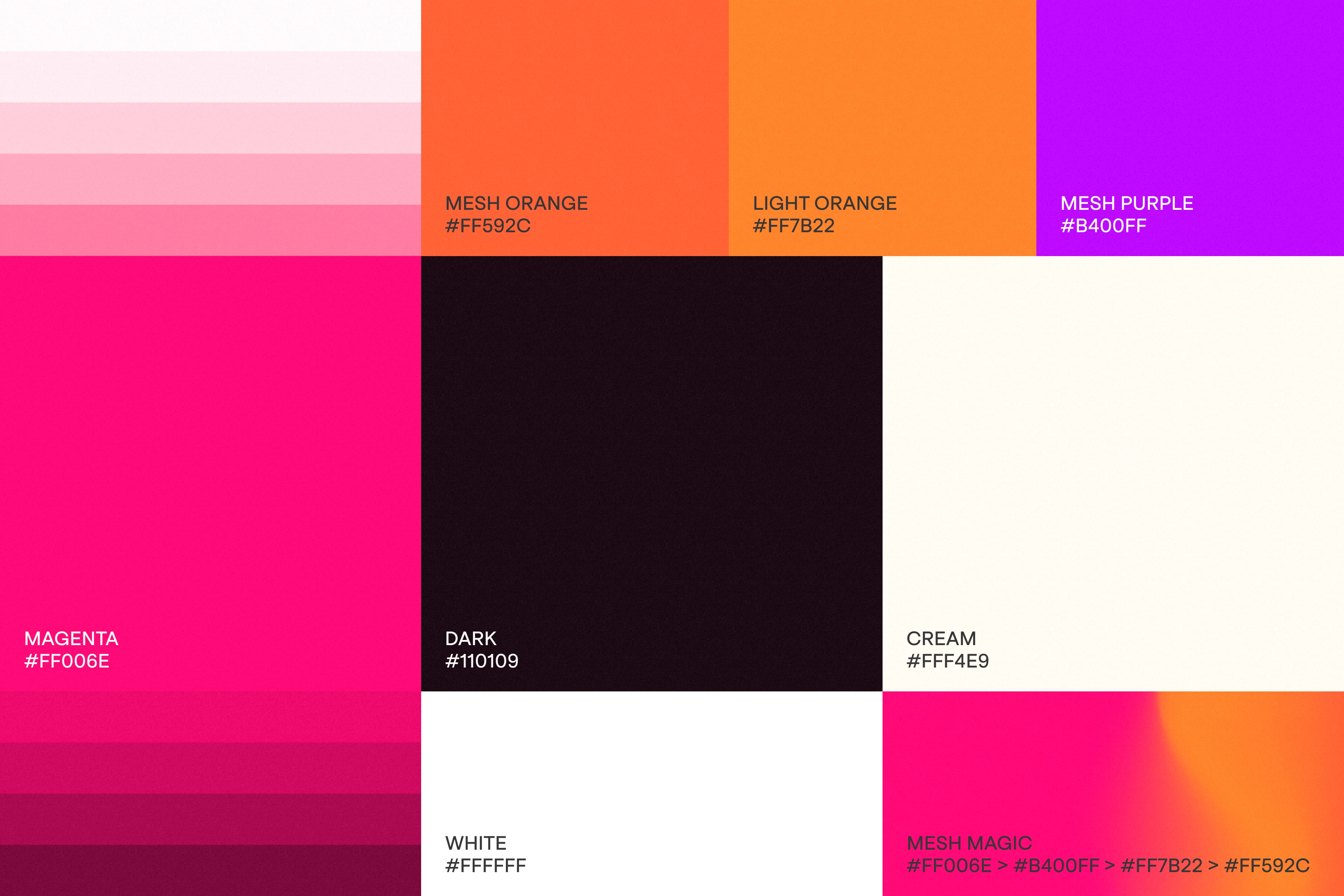 This is a mood board style of the color palette of Webmo, showing the different color chips with the name of the color and the hex code for the color. 