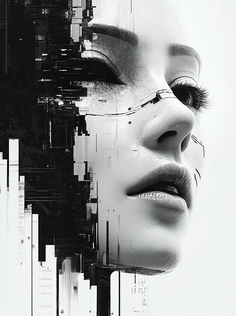 Portrait of a woman with digital abstract effects and color overlays