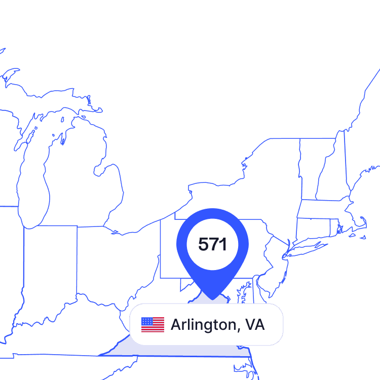 US map of 571 area code phone numbers and its coverage region