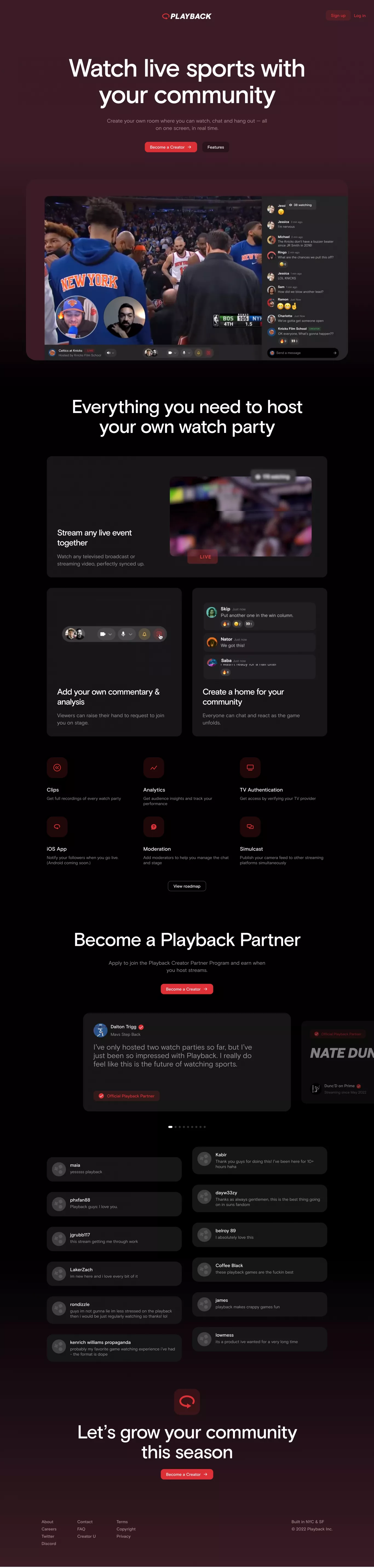 Watch live sports with your community landing page screenshot showcasing Event and Tech design