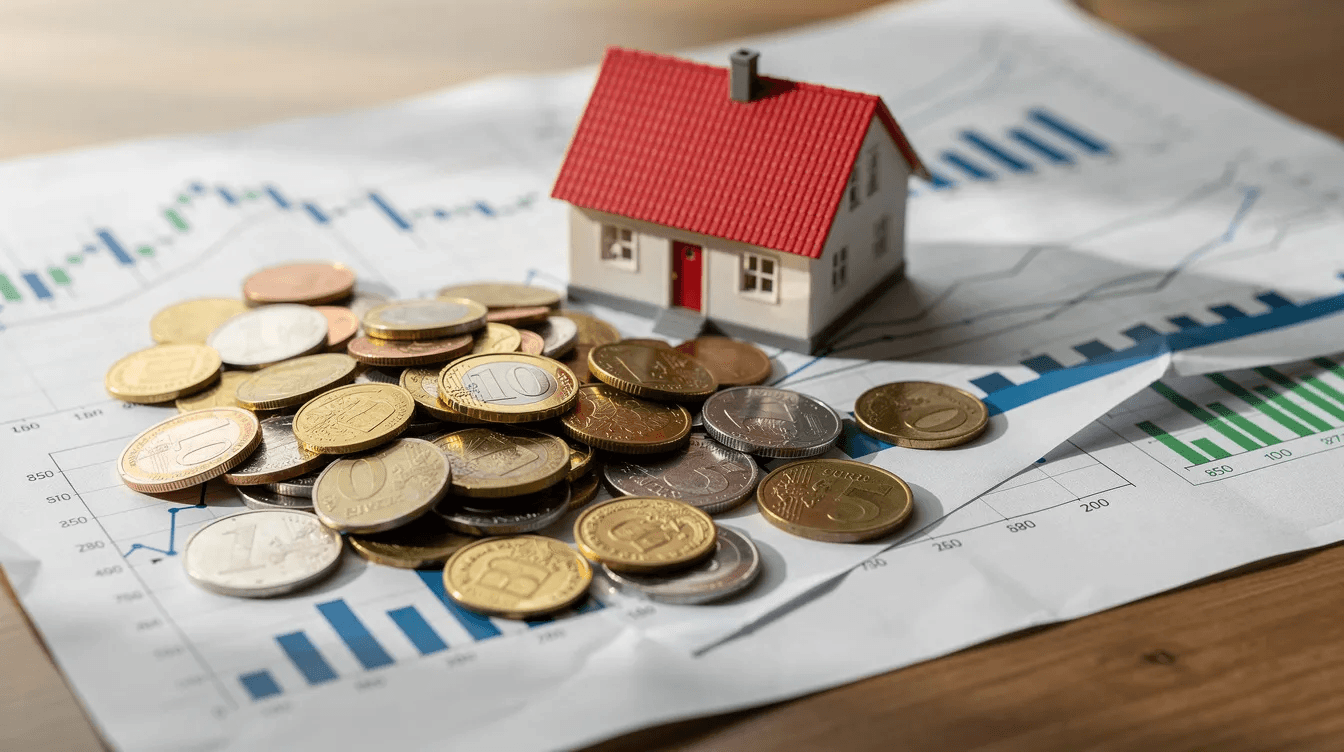 The image features a variety of diverse coins alongside a small model house and financial charts laid out on a desk, symbolizing the concepts of financial windfall and comprehensive financial planning. This scene reflects the importance of developing a financial strategy for long-term security and managing unexpected expenses effectively.
