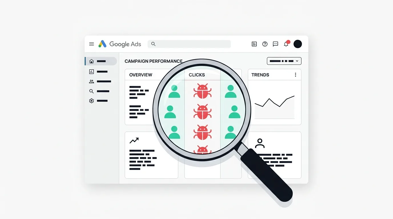 Google Ads dashboard with a magnifying glass over the clicks column revealing red bot icons among green human icons