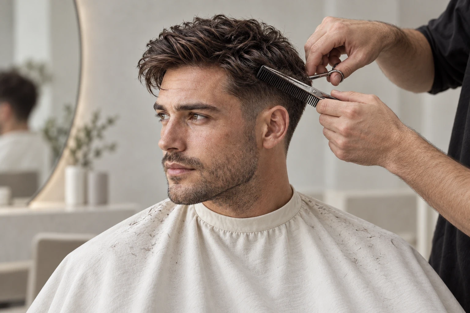 Stylist refining a short taper with comb and scissors