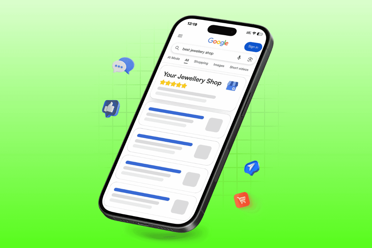 Smartphone screen showing a #1 ranked Google Maps listing for a jewellery shop with 5-star reviews and engagement icons.