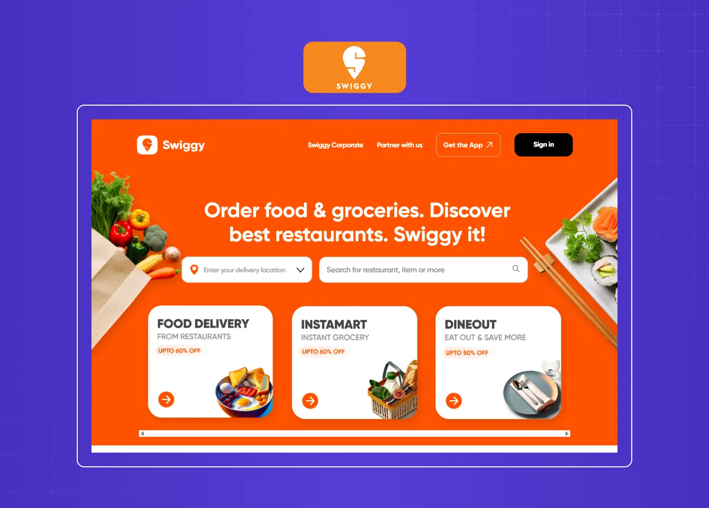 Food delivery landing page highlighting search, location input, and core service categories like food delivery and grocery.