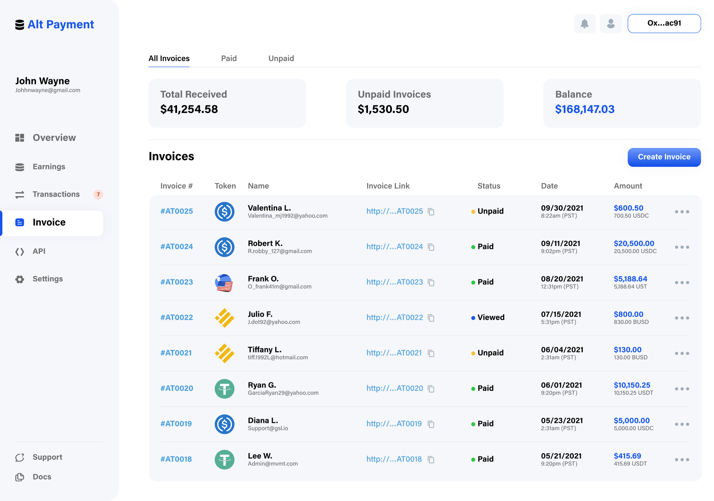 The web3 dashboard within the Alt Payment decentralized payment gateway offers a comprehensive data invoice table for efficient payment management. This table displays invoice specifics including invoice numbers, associated tokens (e.g., USD, BTC, ETH, USDT, Binance USD), wallet address names, payment dates, and received amounts. Moreover, this interface allows merchants to generate invoices seamlessly within the same screen while facilitating direct connections to their wallets. Additionally, the dashboard provides an overview of total received amounts across transactions, unpaid invoices, and the remaining balance. Alt Payment empowers merchants with seamless integration into websites, apps, or POS systems, enabling diversified payments across settlements and revenue stream optimization. Strategic design enhancements foster a secure and lucrative ecosystem, streamlining payment experiences and fortifying security against chargebacks for merchants.