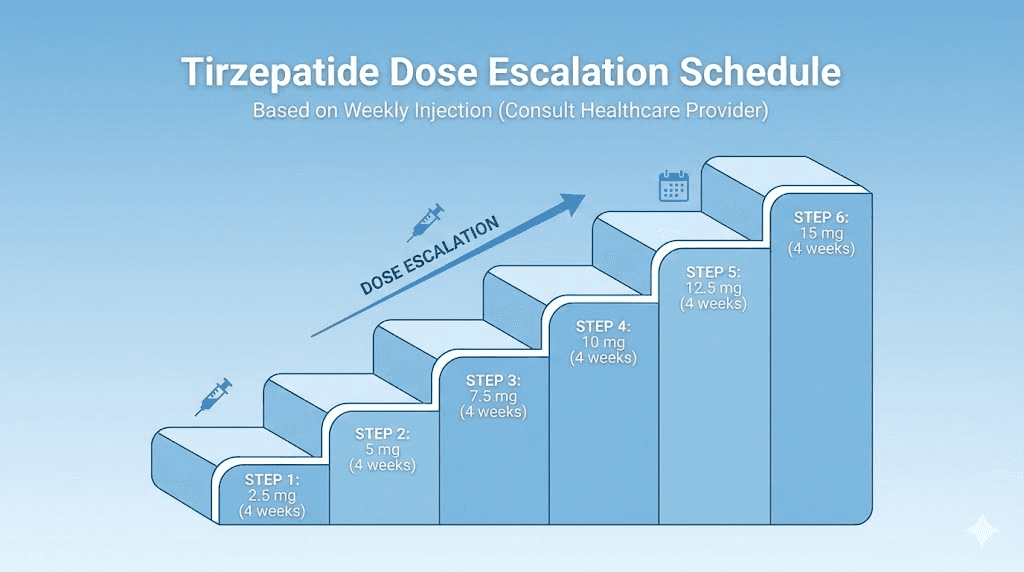 Tirzepatide dose escalation schedule from 2.5 mg to 15 mg weekly