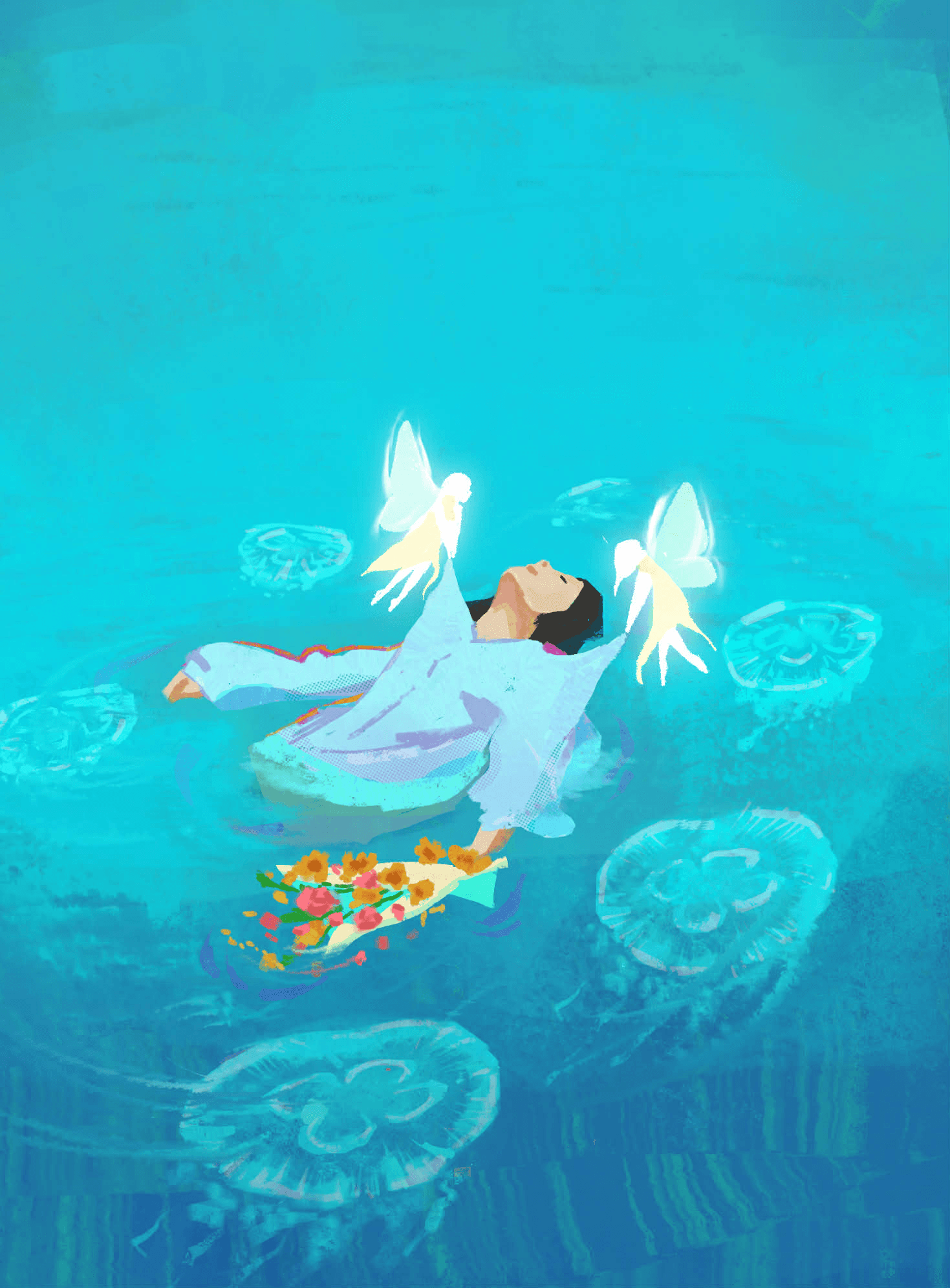 Illustration of a person floating peacefully in turquoise water surrounded by white angel figures, lily pads, and a bouquet of colorful flowers.