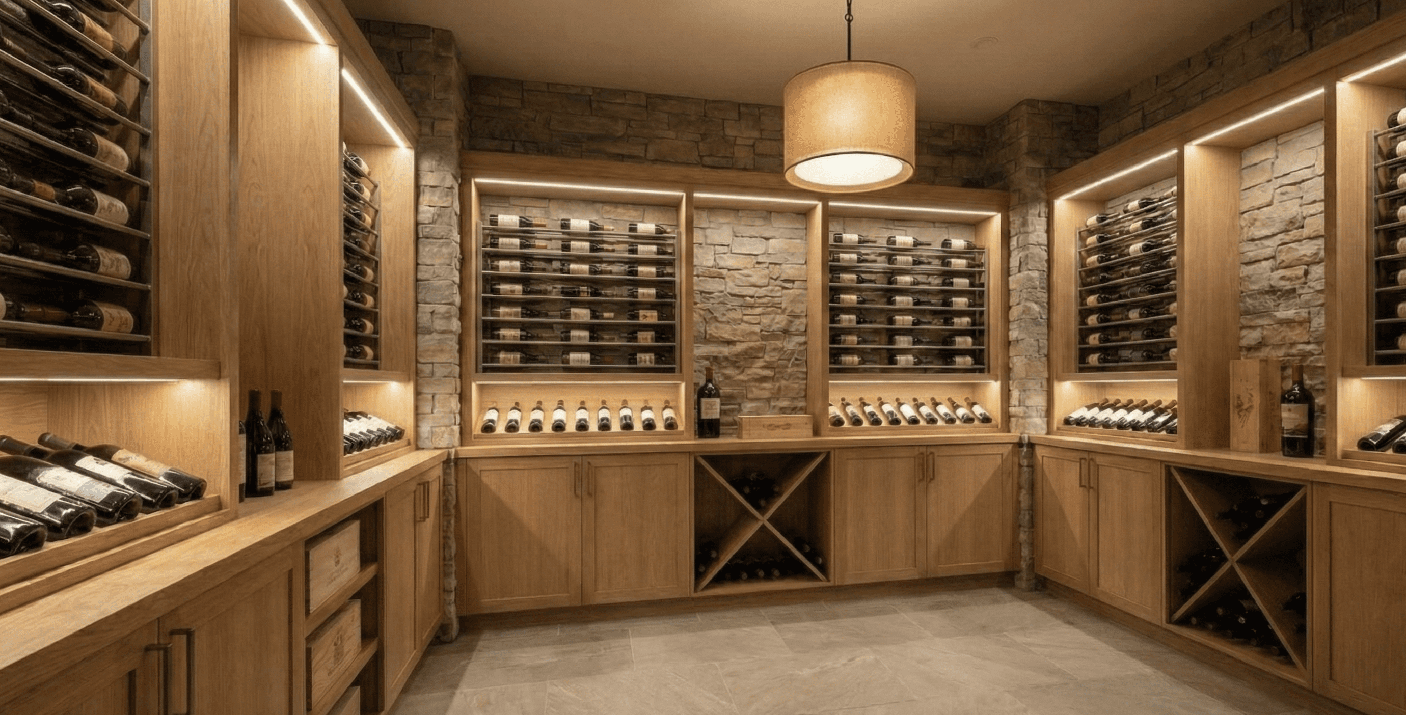 Wide view of a U-shaped custom wine cellar with stone walls, oak cabinetry, and backlit bottle display bays
