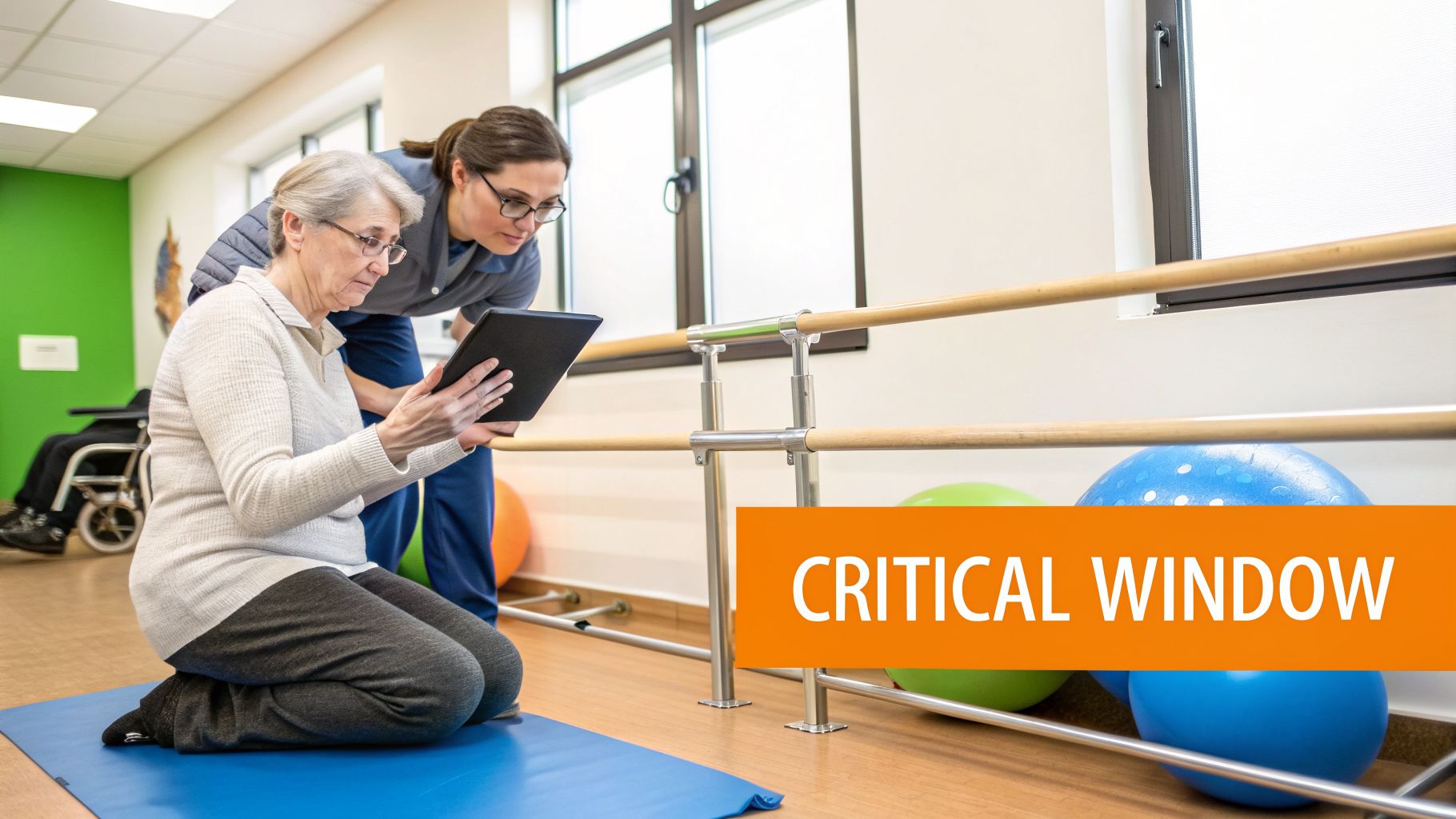 A therapist assists an older woman during physical therapy, showing her content on a tablet.