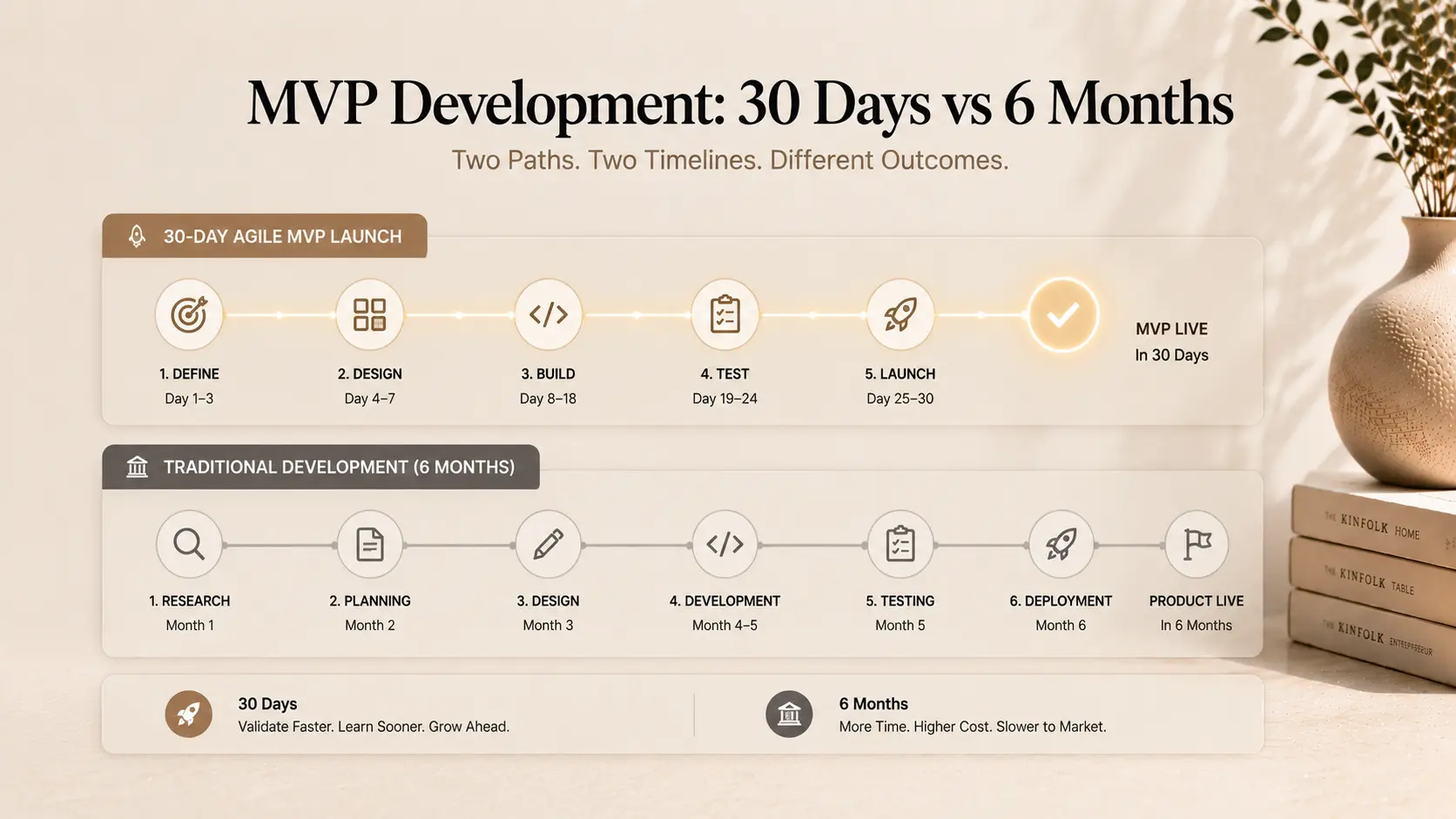 A visual diagram comparing the 30-day agile MVP launch process with the traditional 6-month corporate development timeline