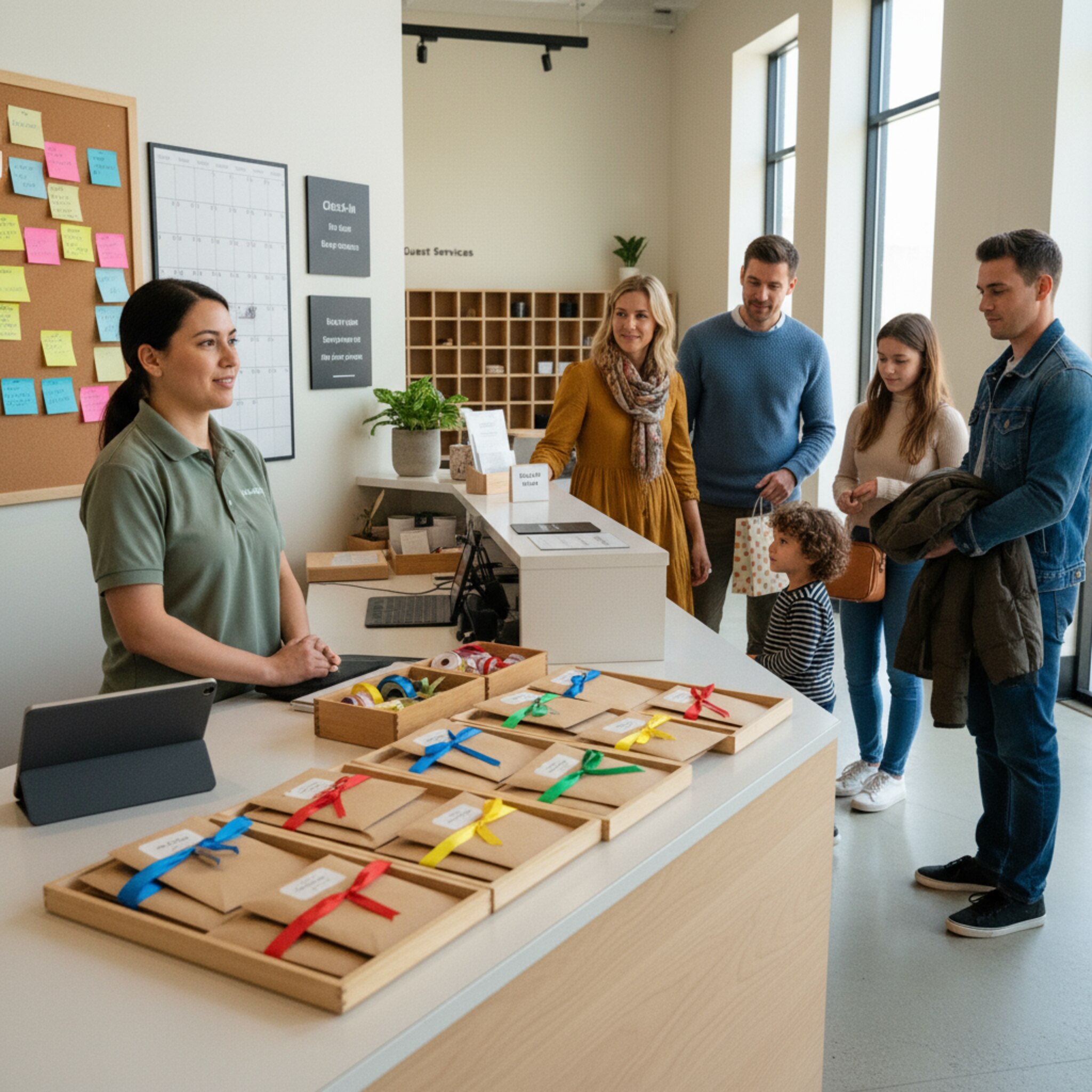 Am Empfang liegen vorbereitete Umschläge mit Geburtstagssouvenirs, daneben eine kleine Box mit farbig sortierten Bändern. Pünktlich treffen Familien ein, ein Mitarbeiter begrüßt mit ruhiger Stimme. Der Raum ist ordentlich, Licht fällt weich durch große Fenster, alles wirkt planbar und strukturiert.