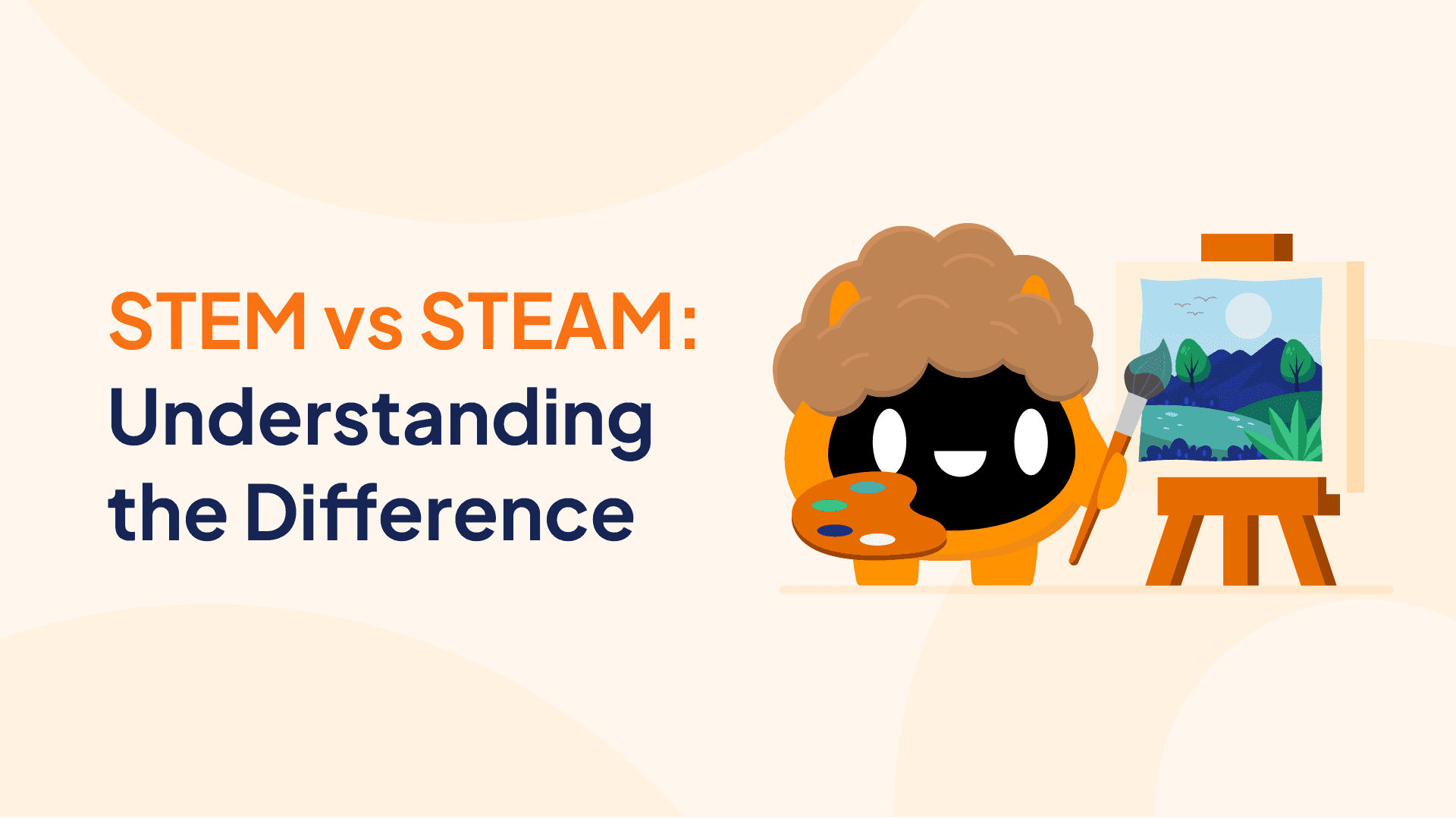 Gameplan mascot, Bob, dressed as Bob Ross. The text "STEM vs Steam: Understanding the Difference" to the left