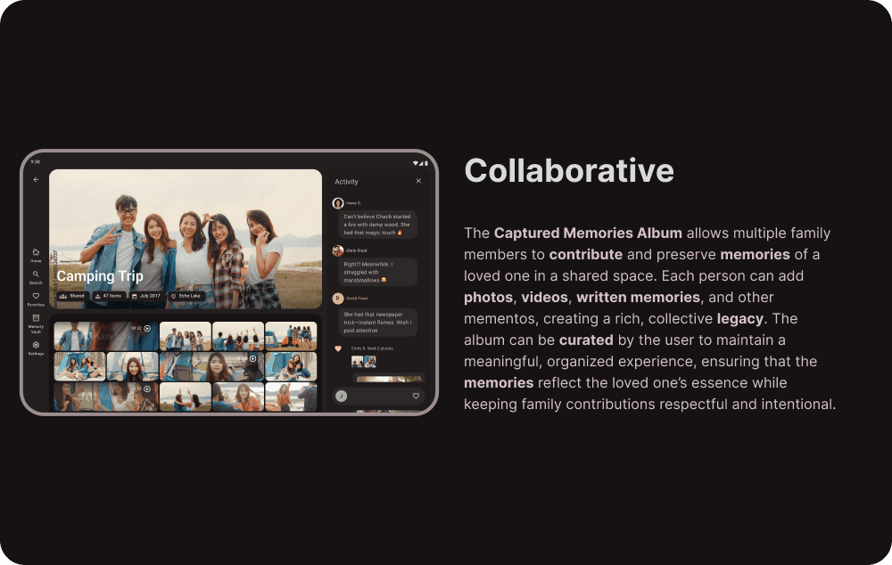 A collaborative memory album interface featuring a shared gallery of photos and videos where multiple users can contribute and leave comments.
