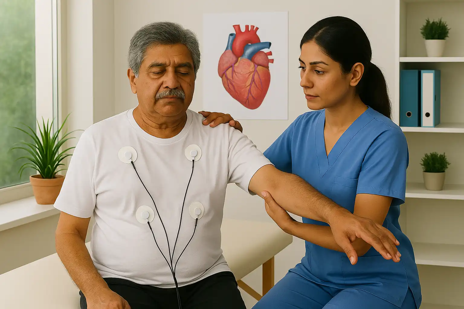 Post-cardiac surgery rehabilitation – therapist guiding arm mobility exercises for an older man wearing cardiac monitoring electrodes to restore strength safely.