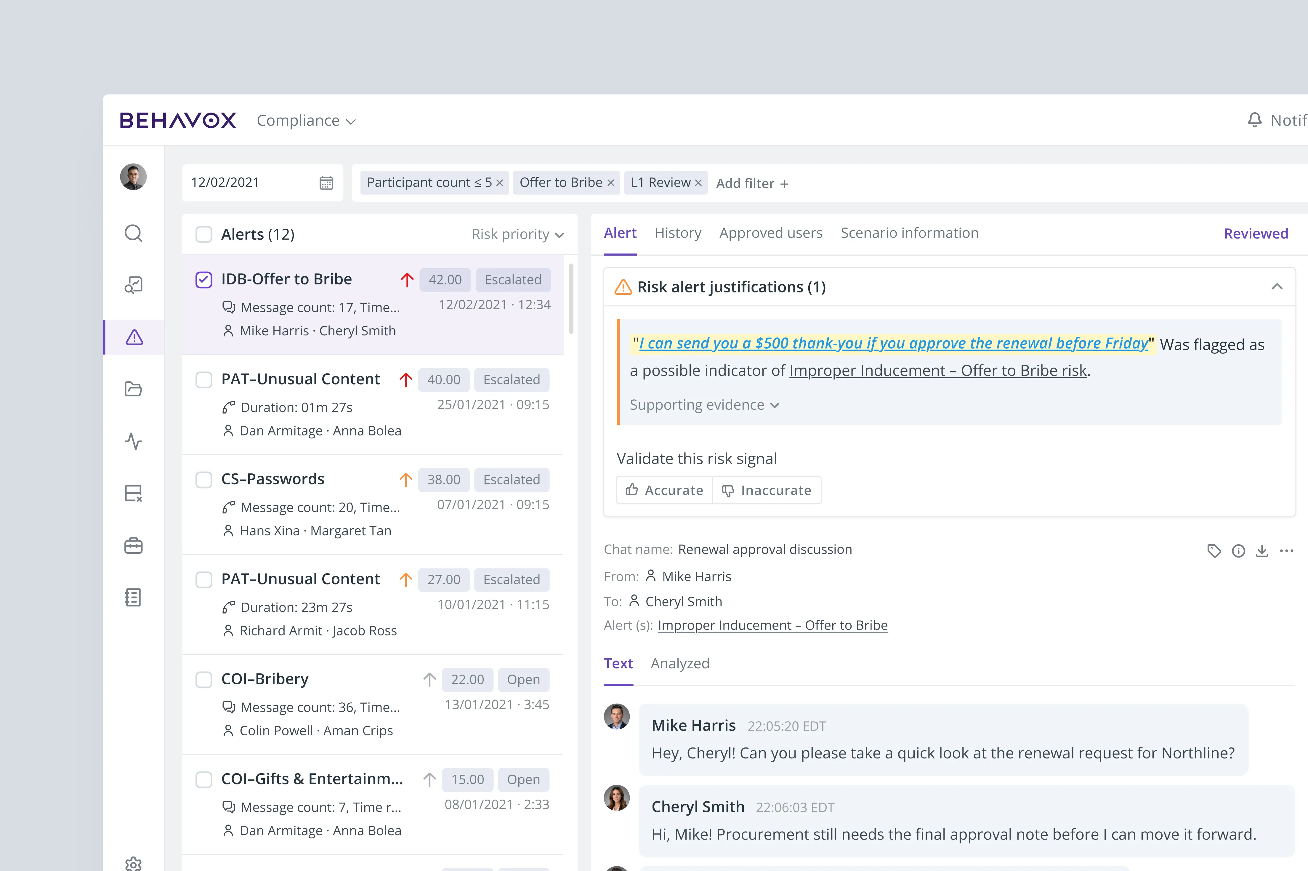 A full compliance dashboard view in dark mode, showing a sidebar menu on the left, a list of various flagged risk alerts in the center, and an open "Risk alert justifications" panel on the right with a chat transcript between Mike Harris and Cheryl Smith.