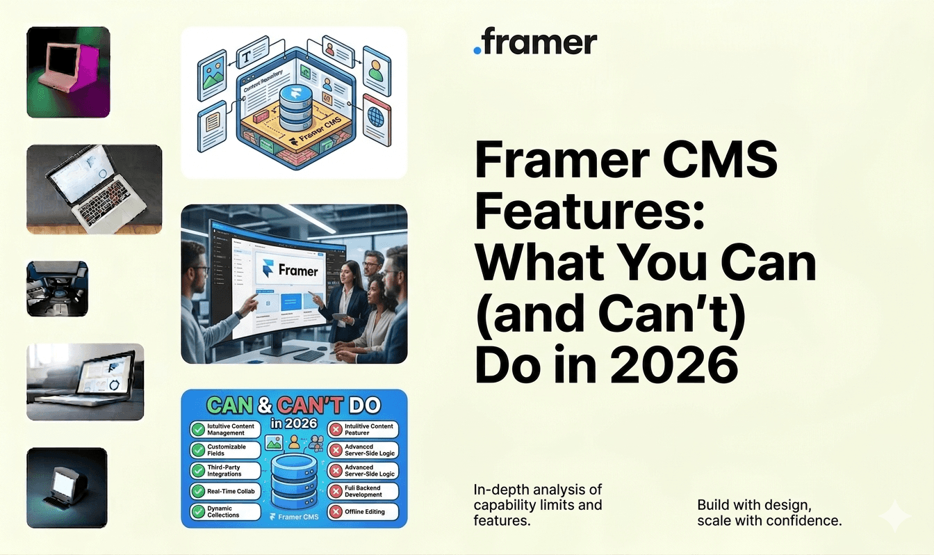 Blog header with the title of the blog Framer CMS Features: What You Can (and Can't) Do in 2026