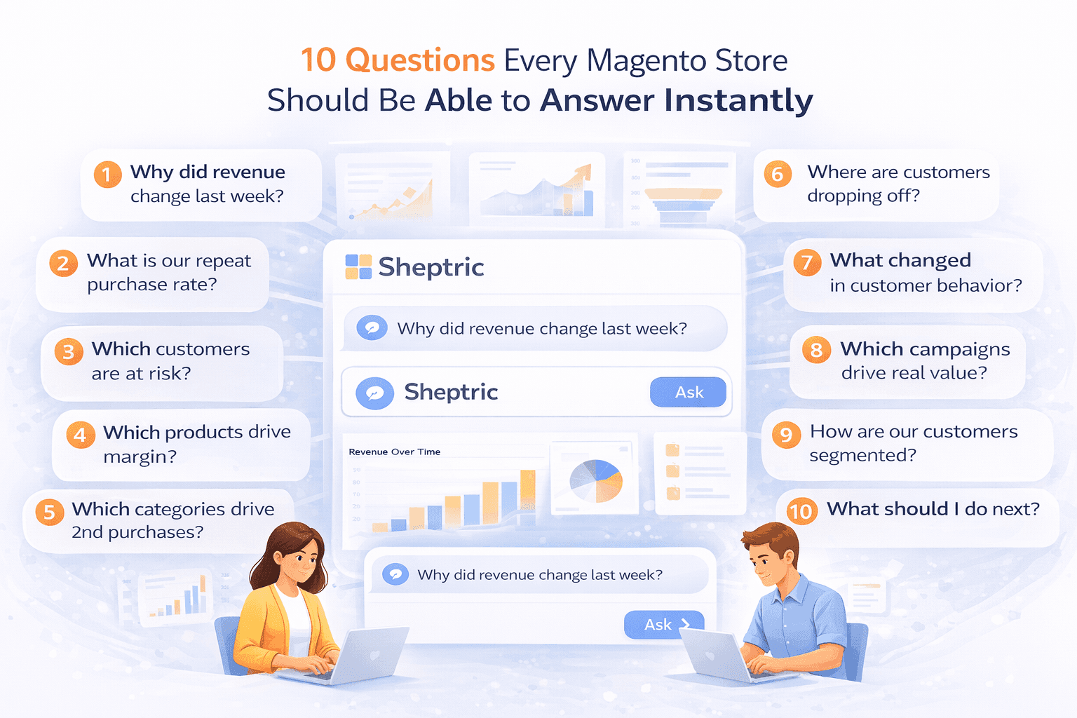 A woman in a pinstripe blazer works on a laptop while a man observes in a modern, brightly lit office setting.