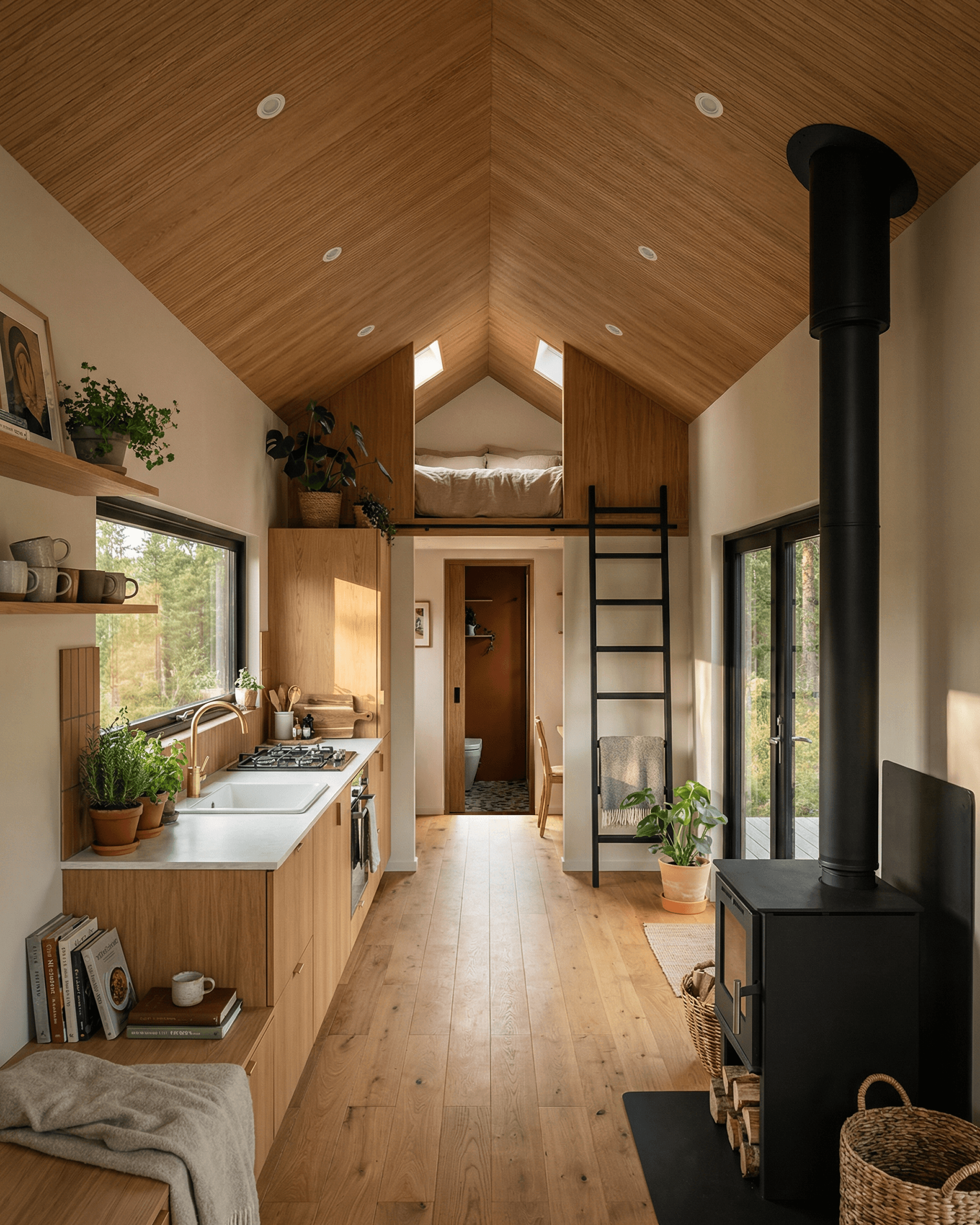 Interior of a 1 bedroom cabin with loft, featuring a compact kitchen, wood-lined gabled ceiling, ladder access to sleeping loft, and a wood stove in a bright modern cabin design.