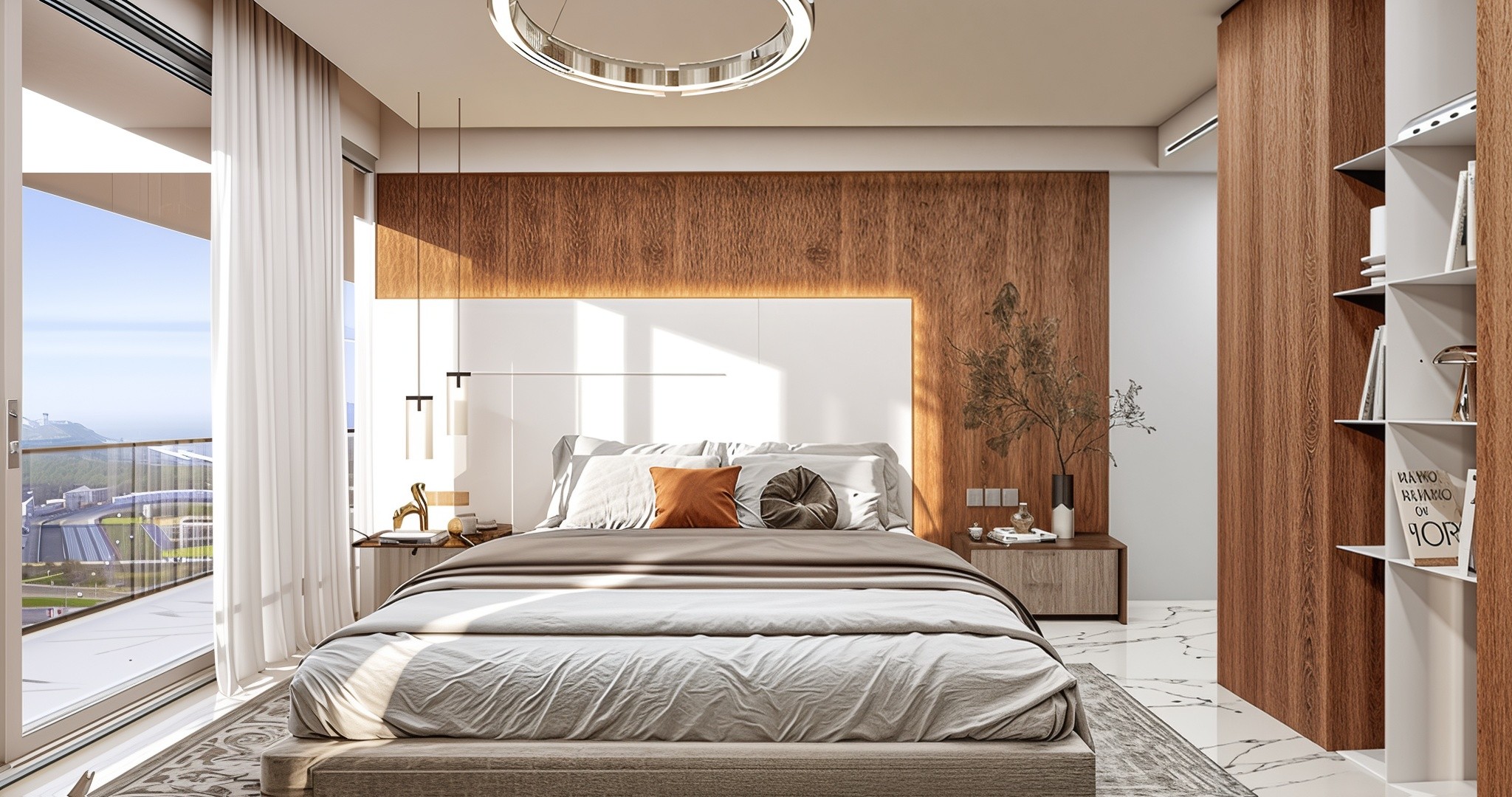 A modern bedroom in Radiant Elite Towers featuring a large bed and a spacious window letting in natural light.