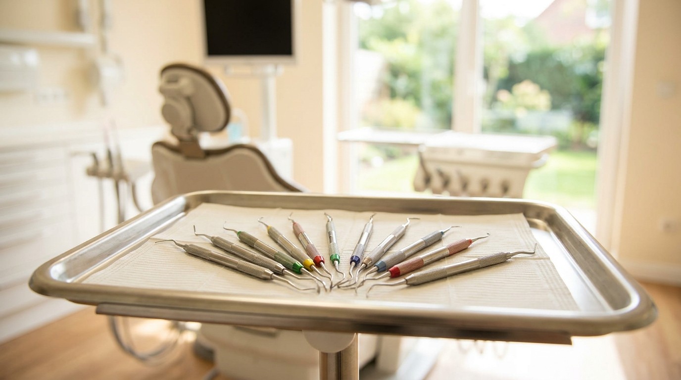 A neatly arranged tray of sterile periodontal scaling instruments in a bright modern dental clinic.