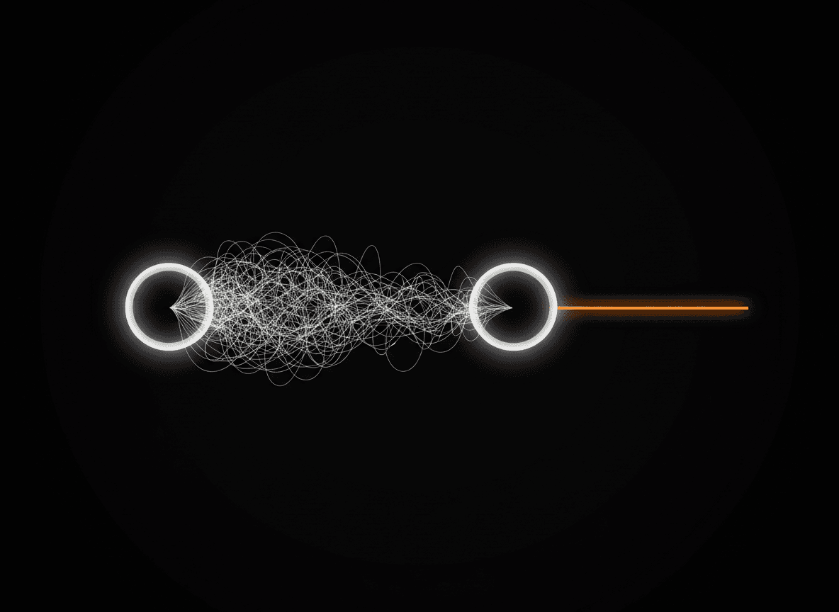 Abstract digital art of two white circles connected by an intricate web of lines, with an orange line extending from the right.