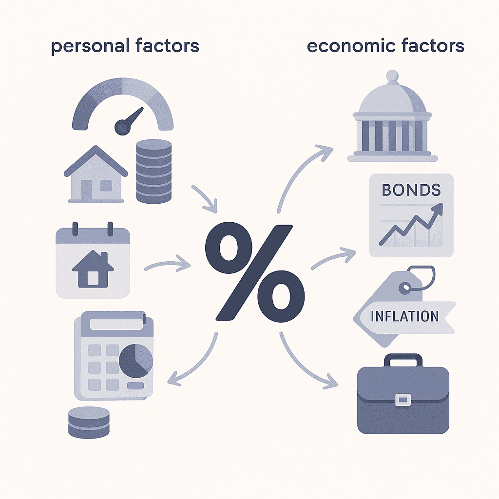 Icons of personal and economic drivers converging toward a percentage sign to depict mortgage rate influences