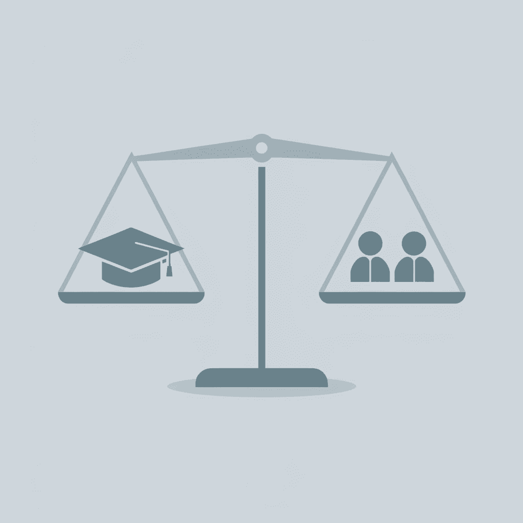  Balance scale comparing academic grades on one side with community involvement on the other