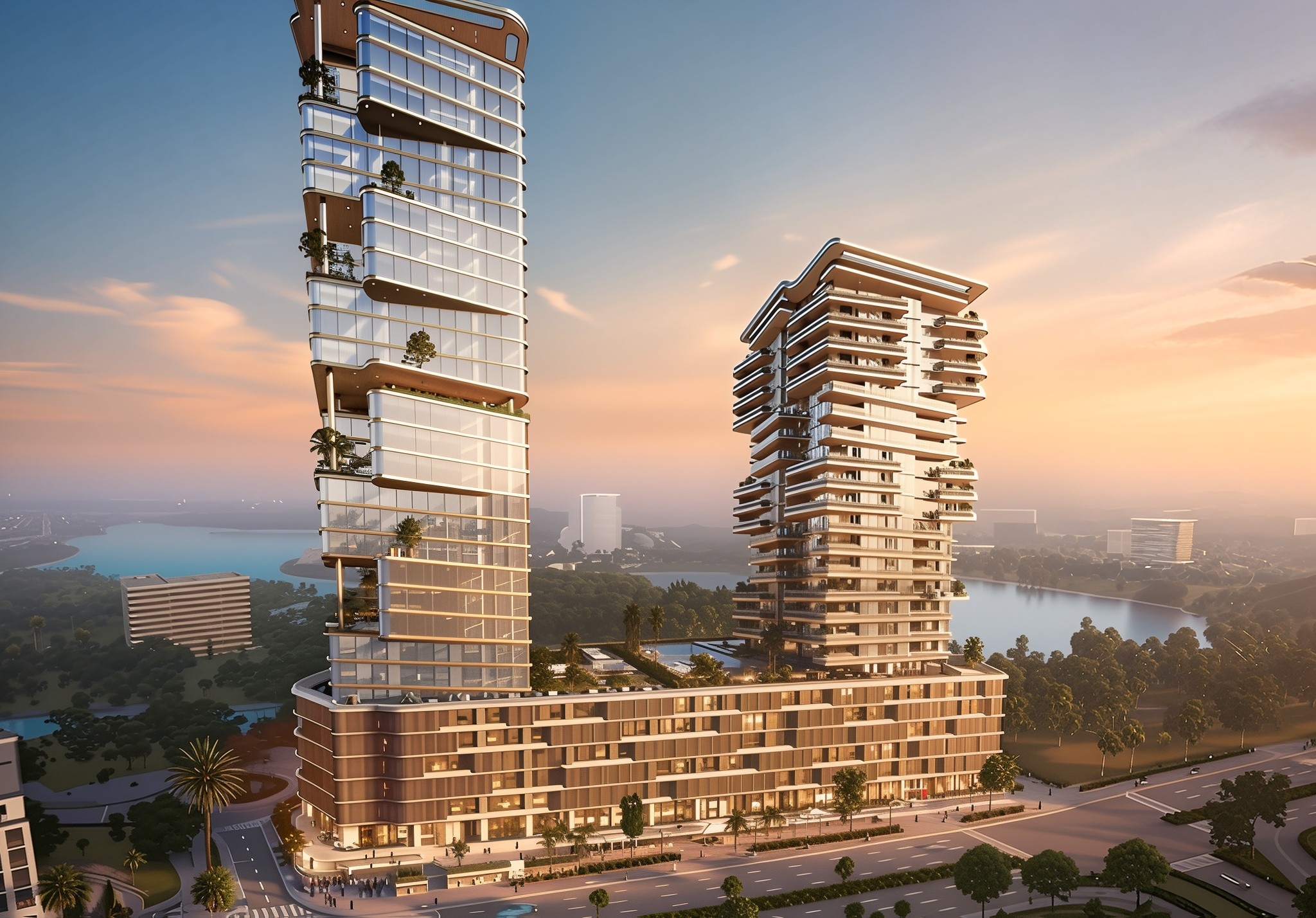 Two radiant atrium towers rise in the city, illustrating the ongoing development of urban architecture.