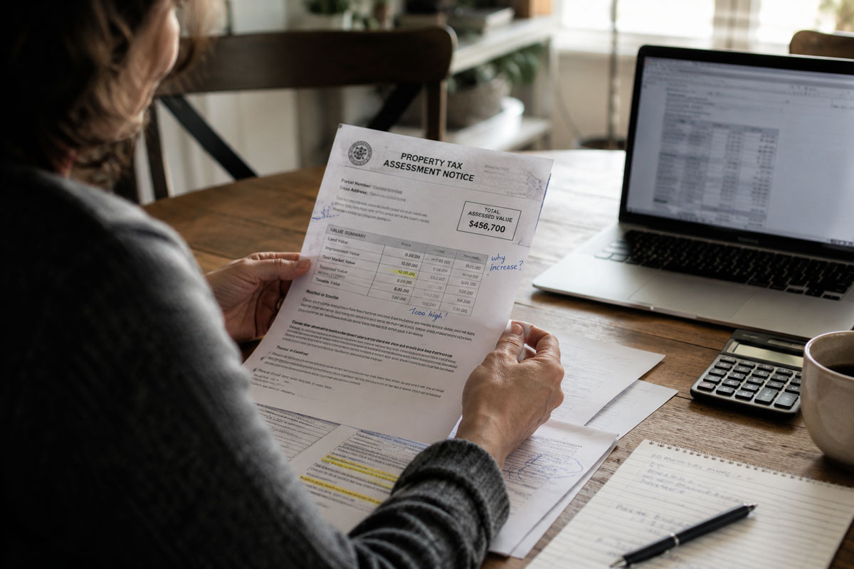 Homeowner reviewing a property tax assessment notice at a desk