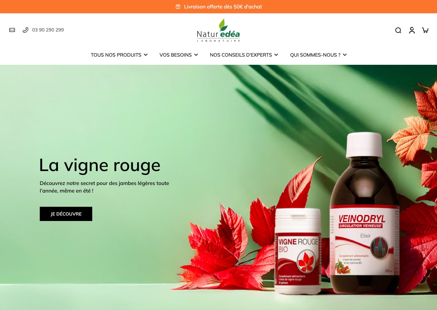 Hero de la page d'accueil de Naturédéa, mettant en avant les produits à base de vigne rouge. Ambiance colorée, lumineuse et naturelle.