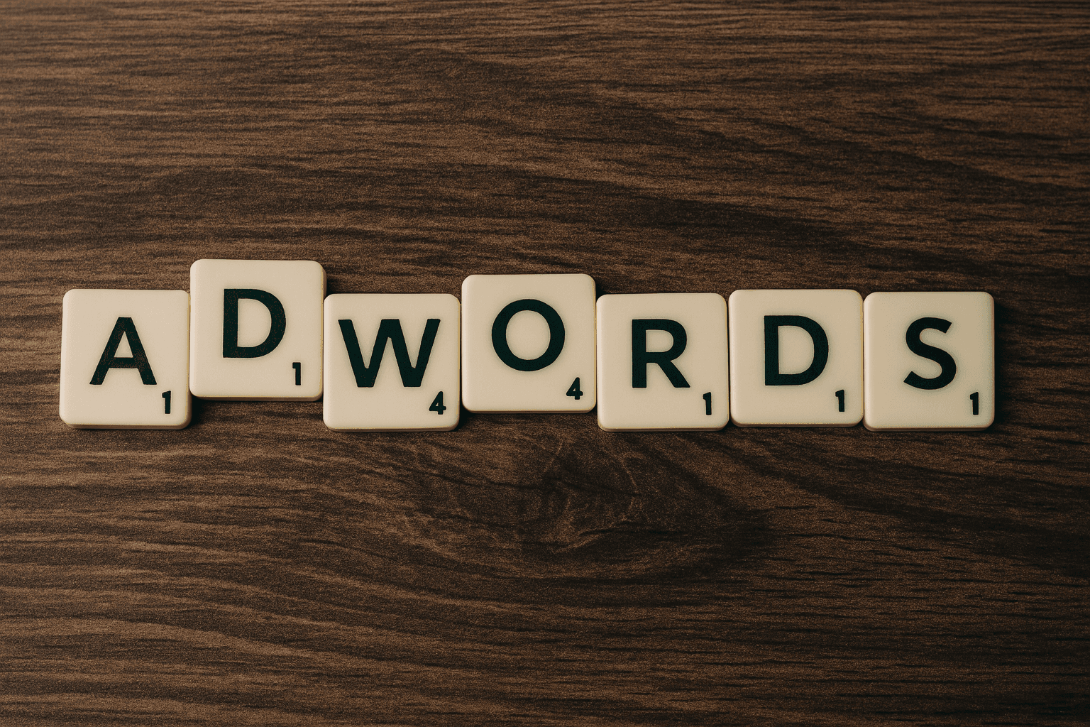Des lettres de Scrabble formant le mot "ADWORDS" sur une surface en bois, symbolisant la diversité des offres publicitaires proposées par des plateformes comme Amazon DSP.