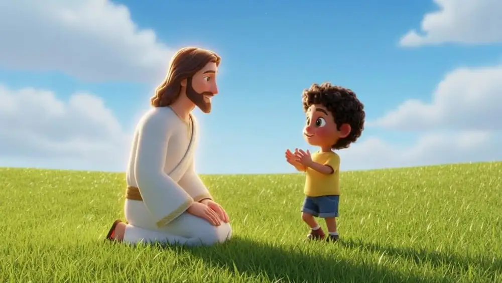 Scene 5: Jesus kneeling in the grass facing the boy, who claps his hands