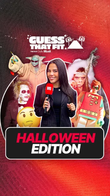 Daily Mail Guess That Fit host reviewing celebrity Halloween costumes with various characters and outfits.