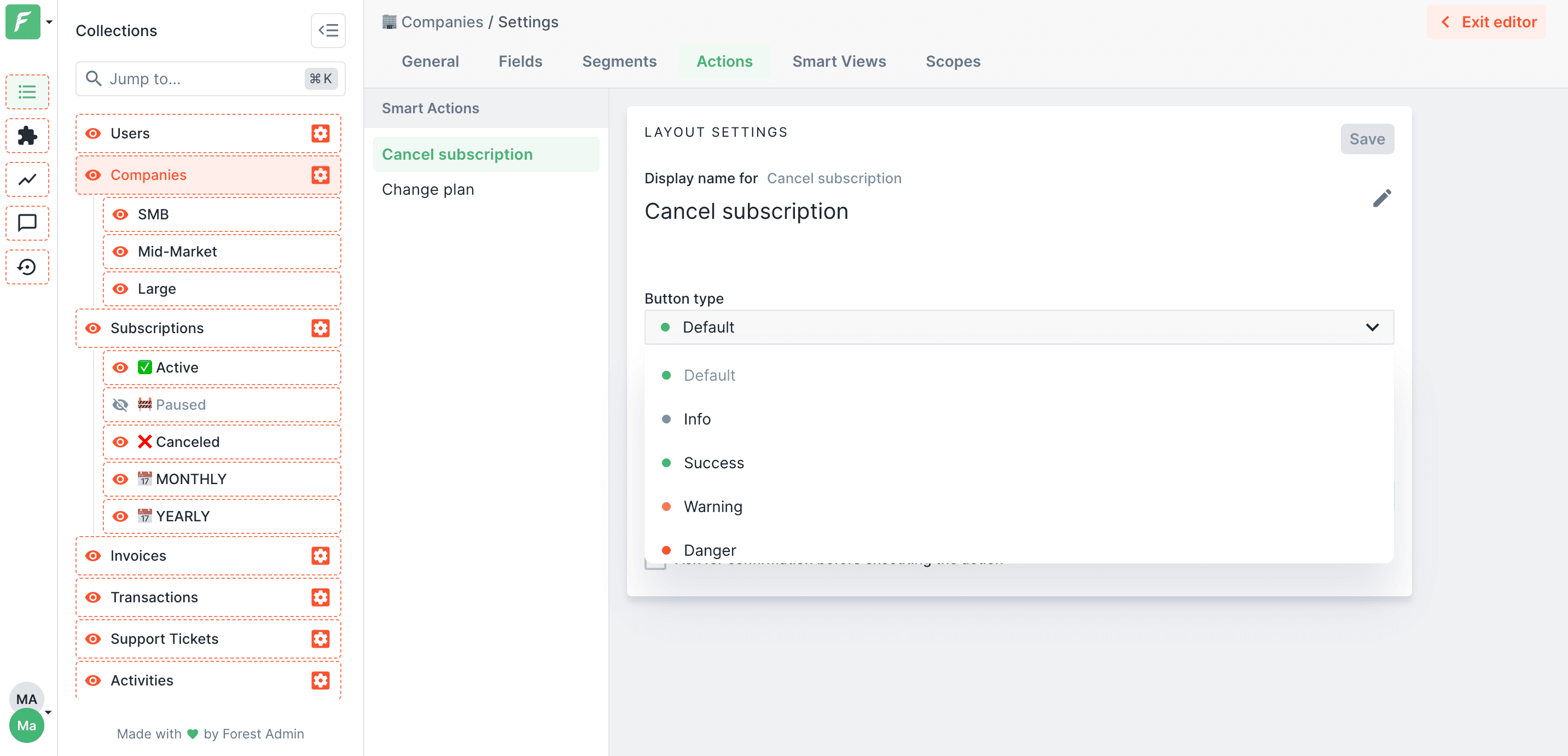 Action type configuration in the collection settings