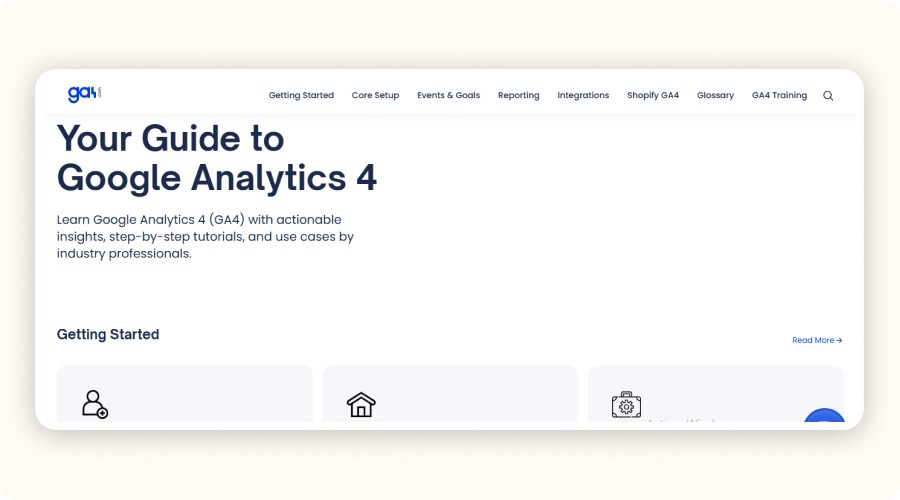 Screenshot of the GA4 homepage showing tutorials, use cases, and practical tips for ecommerce professionals.